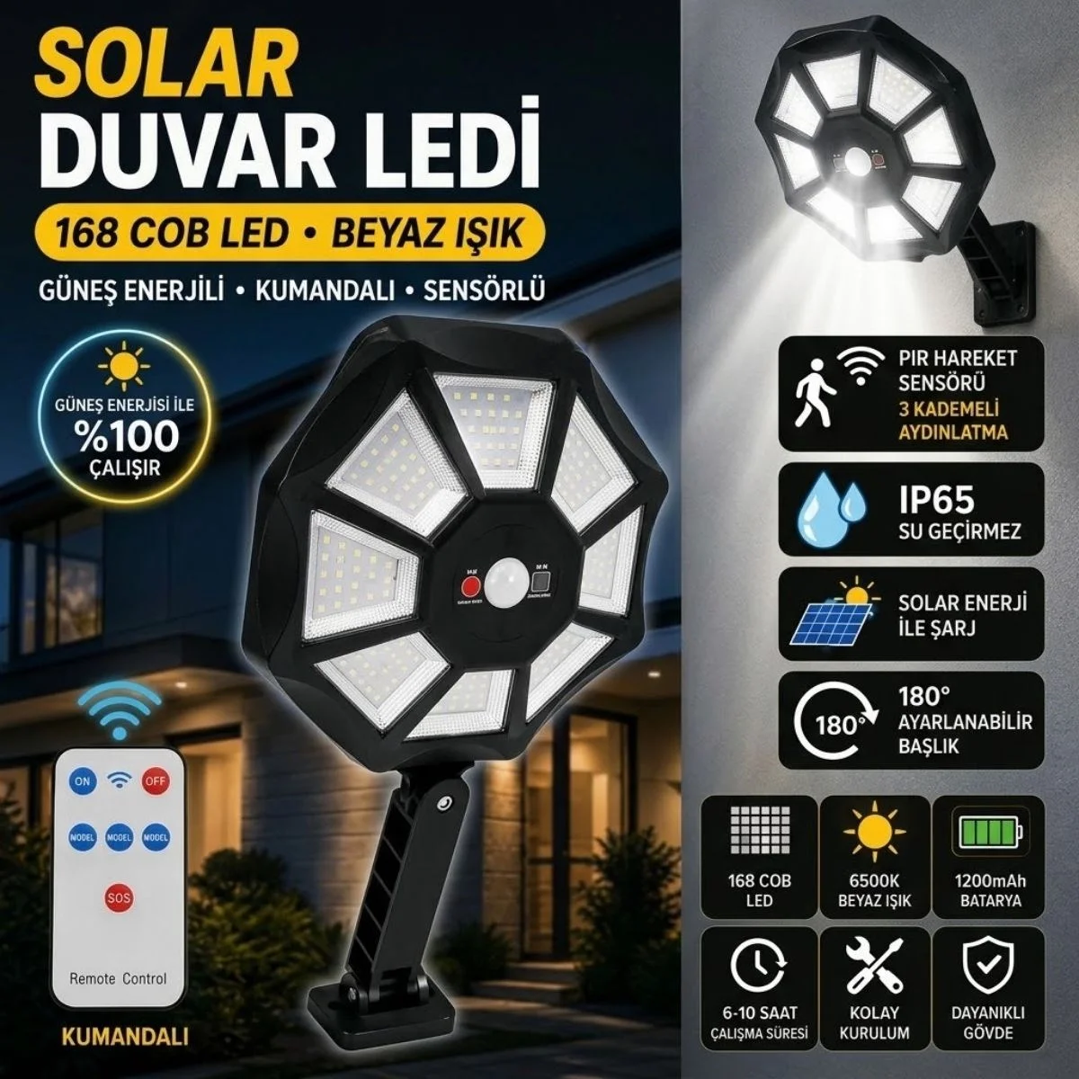 168B Solar LED Büyük Dış Mekân Lambası, Hareket Sensörlü, Kumandalı, 3 Modlu Ultra Parlak COB Işık, Su Geçirmez Kablosuz Duvar Apliği