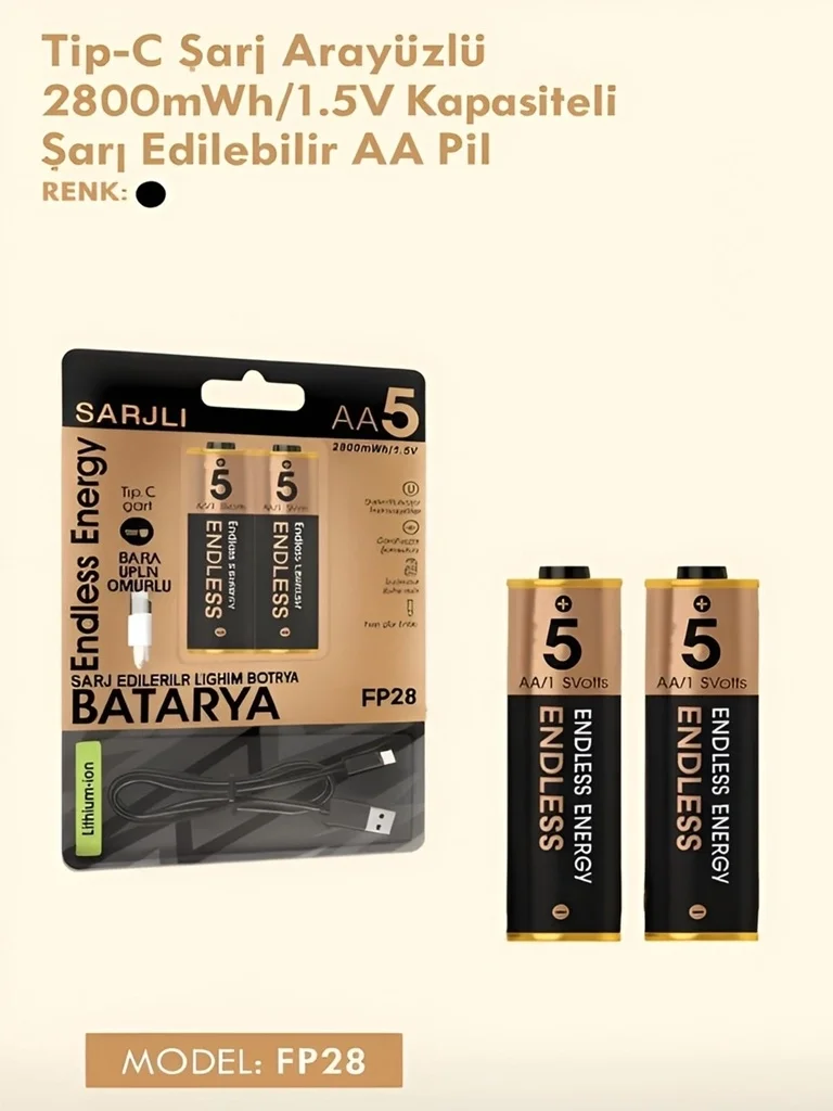 Type-C Şarjlı 2800MWH 1.5V Şarj Edilebilir 2’li AA5 Kalem Pil - Lityum Iyon Batarya görsel 5