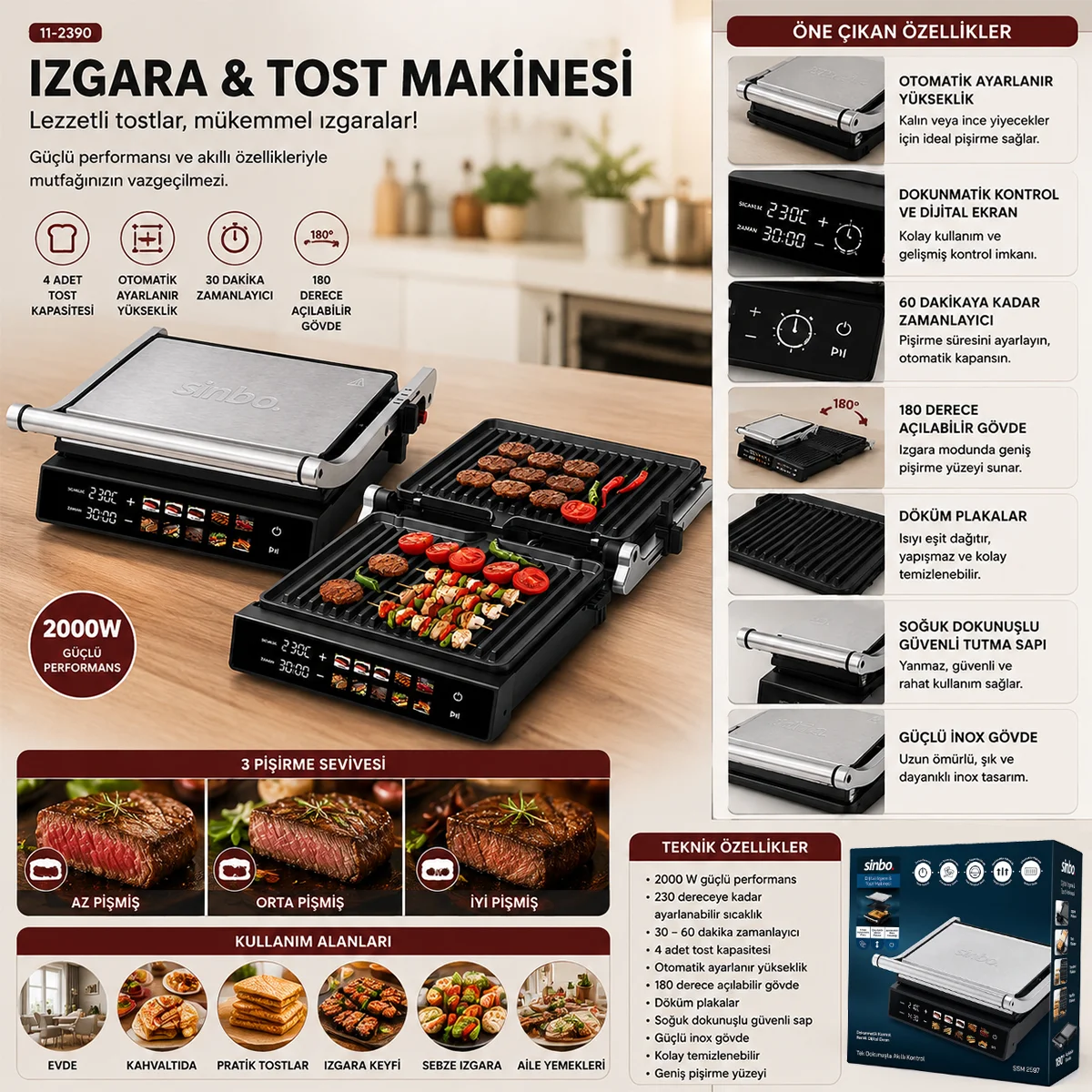 Izgara ve Tost Makinesi 4 Dilim 2000W Yapışmaz Dokunmatik görsel 3