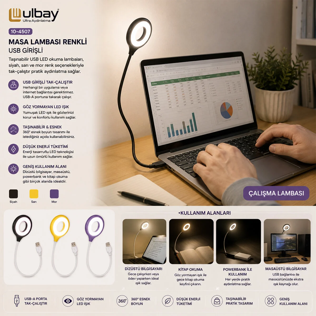 Masa Lambası Renkli Usb Girşili görsel 3