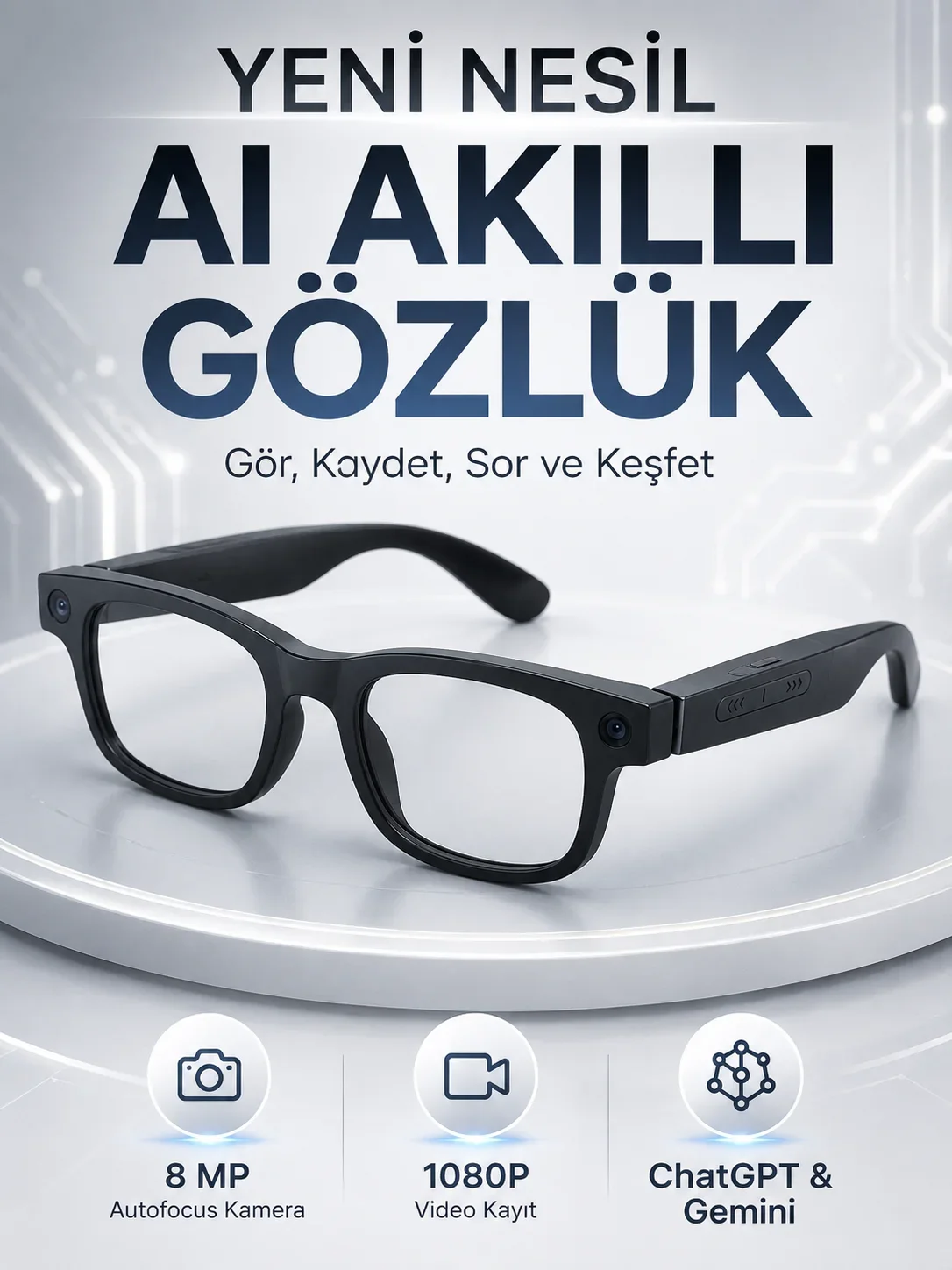 Akıllı Gözlük 8 MP Kameralı 1080P Video Kayıt WiFi Bağlantılı Çift krofonlu Gürültü Engelleme Özellikli