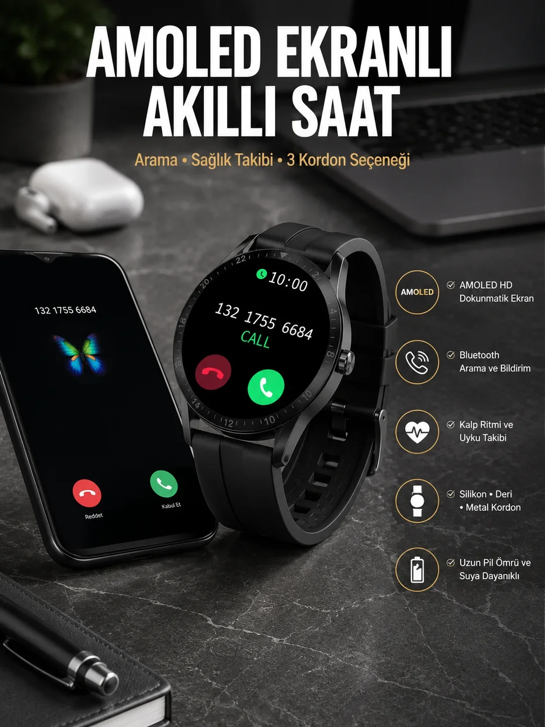 Akıllı Saat Amoled Ekran 3 Kordonlu NFC Ve GPS Uyumlu
