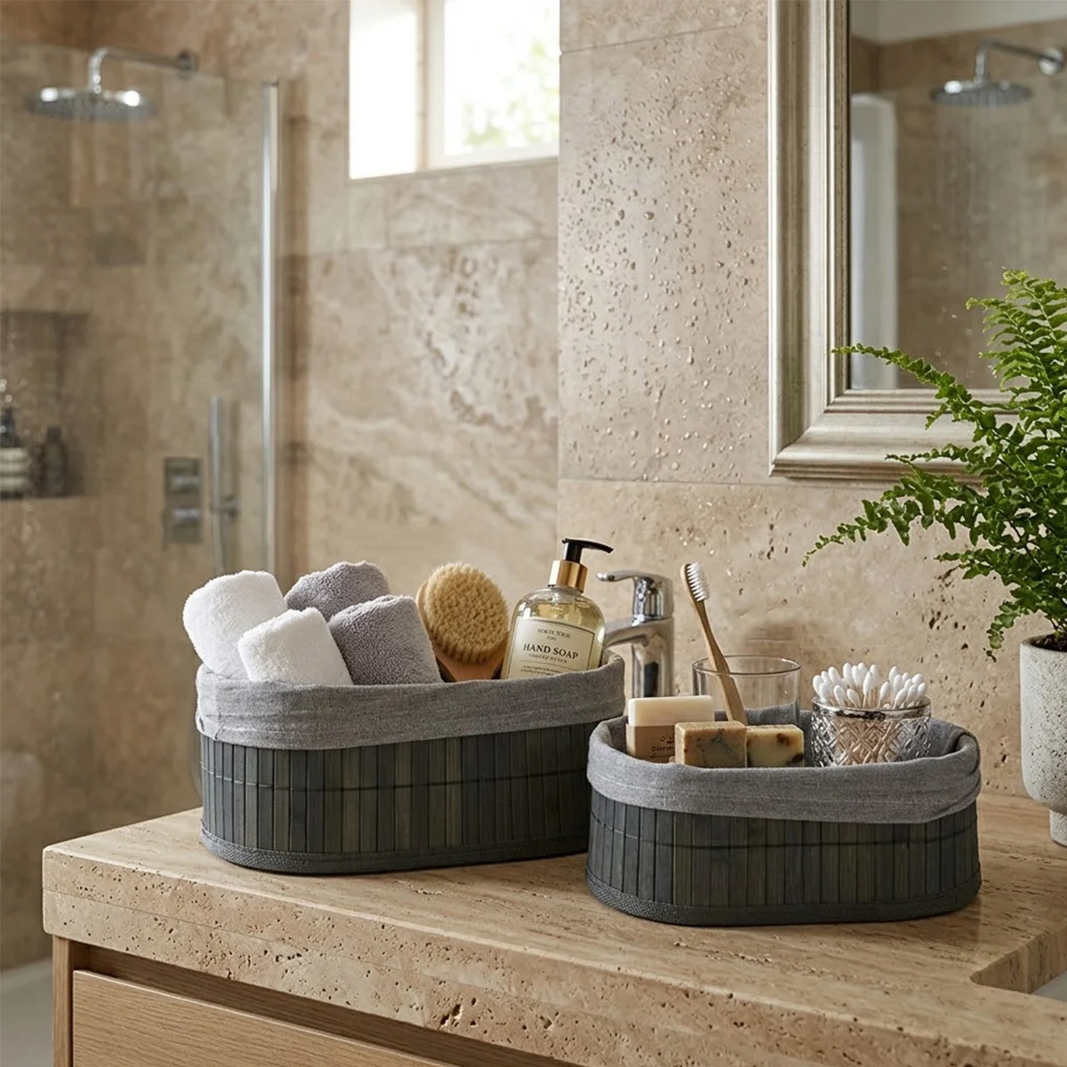 Bambu Kenarlı Oval Organizer Sepet (Ahşap Tabanlı, Bezli) 21x14-25x16 cm görsel 3