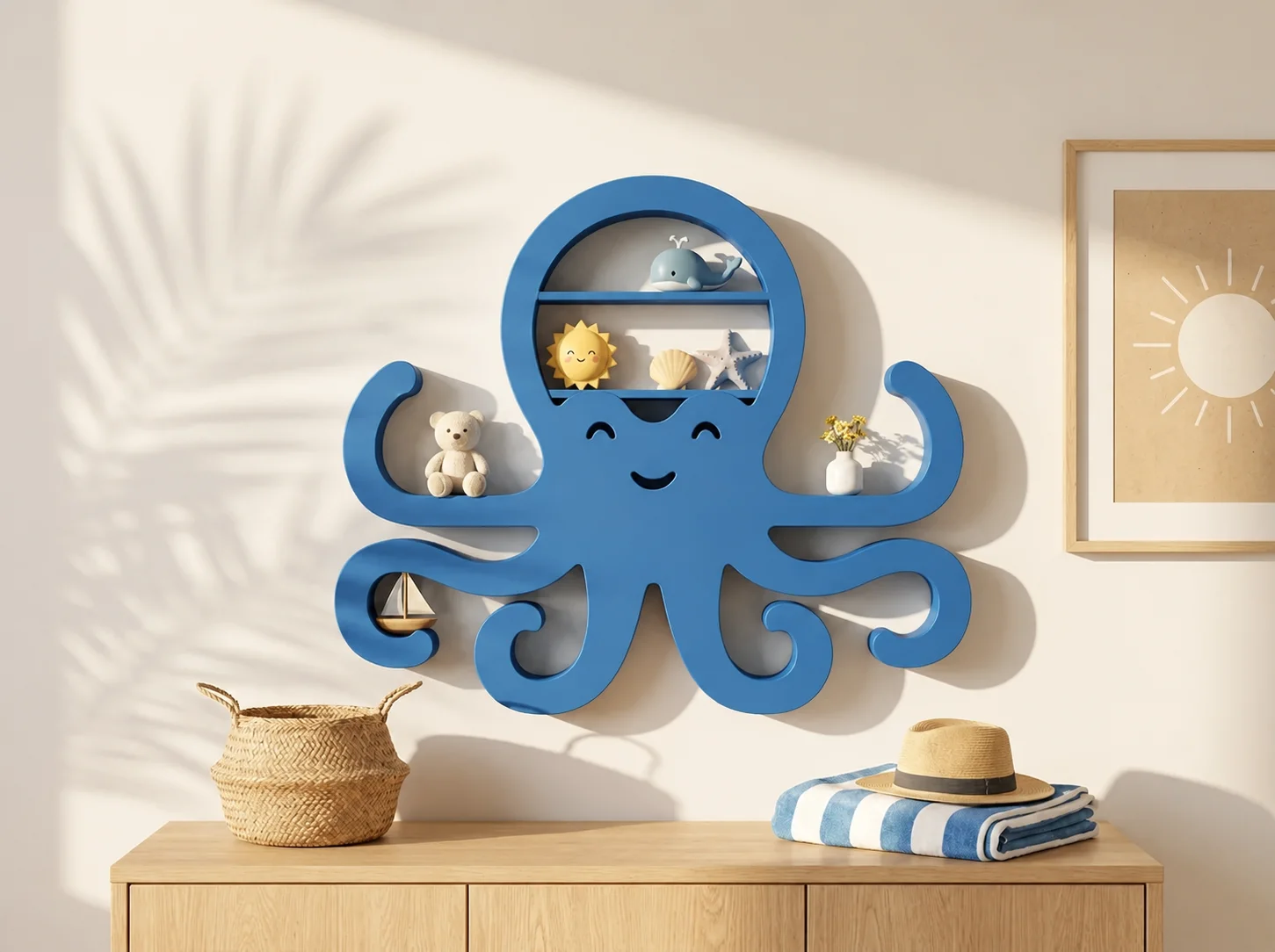 3D Baskı Ahtapot Duvar Rafı - Dekoratif Mini Raf-Mavi
