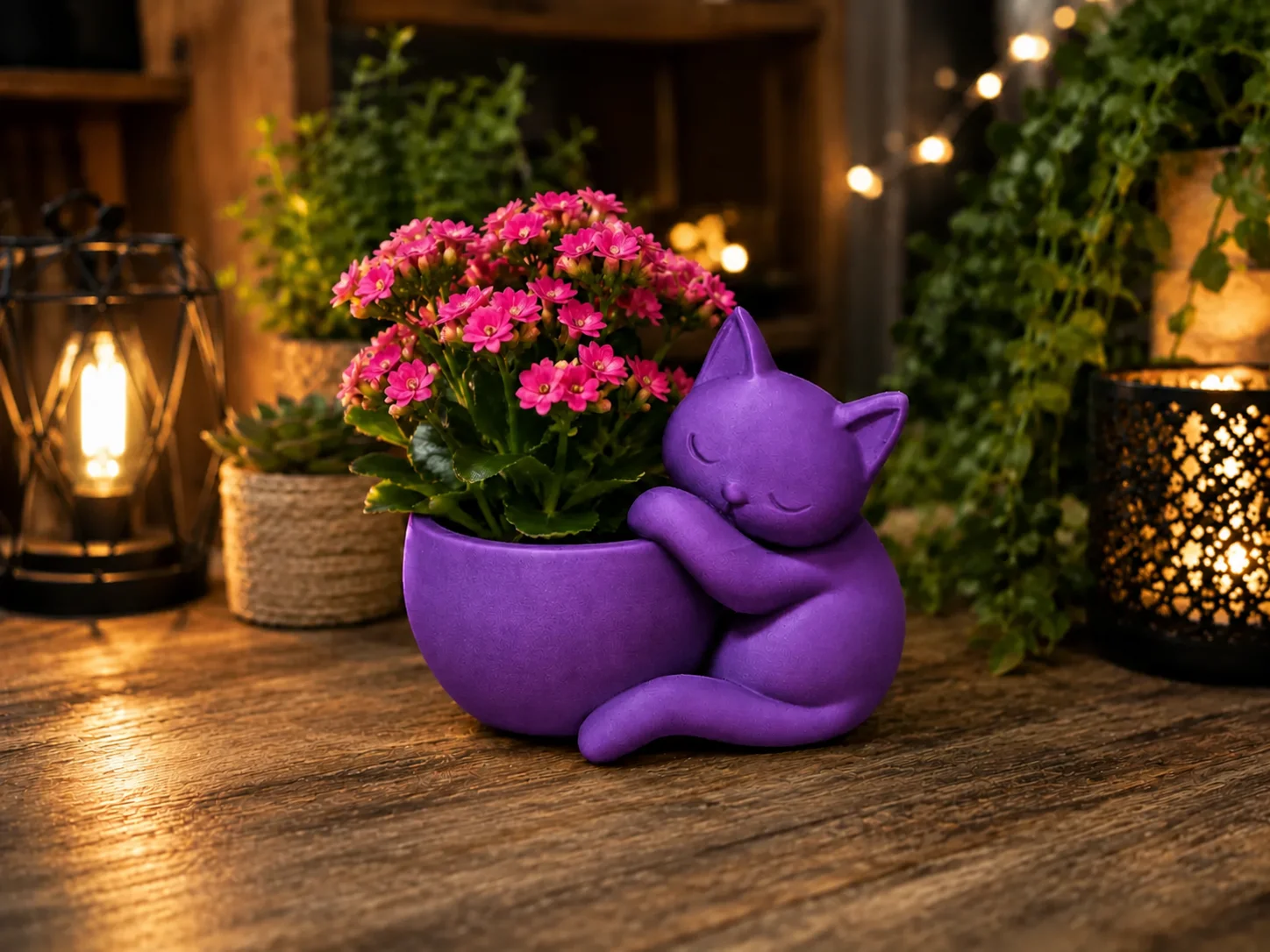 3D Baskı Sarılan Kedi Saksı - Sevimli Dekoratif Saksı - Mor