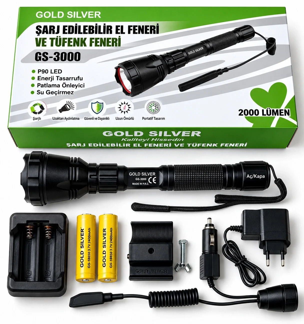 GS-3000 P90 LED 2000 Lümen Şarj Edilebilir El ve Tüfek Feneri