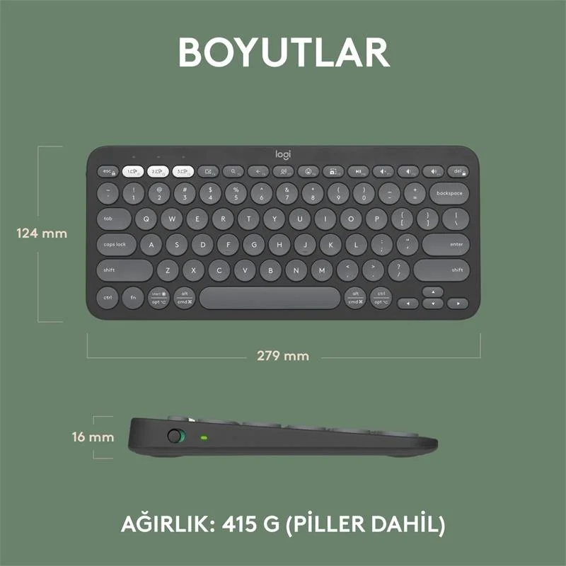 K380S Pebble Keys 2 Çoklu Cihaz Özellikli Bluetooth Türkçe Q Klavye Gri 920-011859 görsel 3