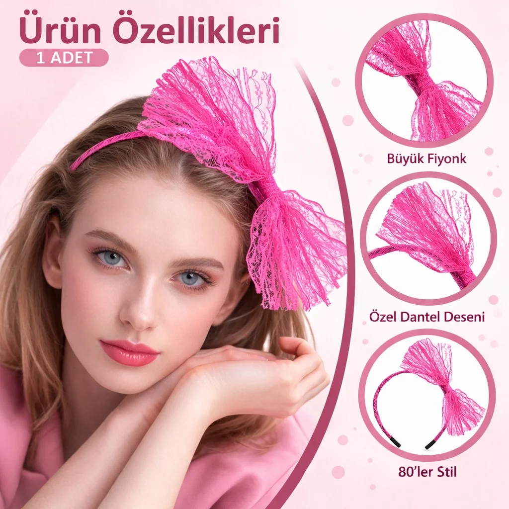 80’ler 90’lar Neon Pembe Dantel Taç Fiyonklu görsel 2