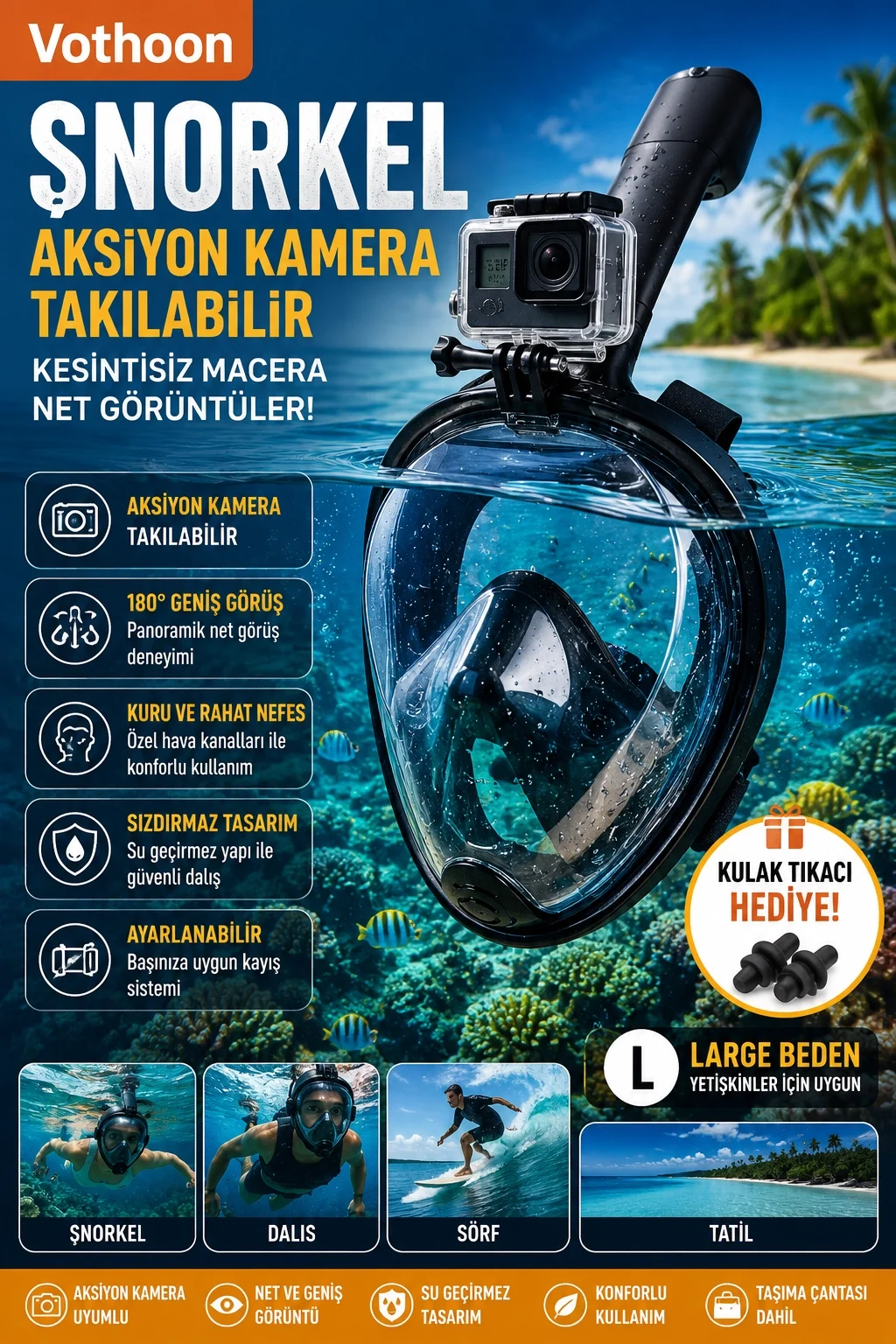 Profesyonel Tam Yüz Şnorkel Maskesi Dalış Maskesi Kulak Tıkacı Hedıye L/XL Siyah görsel 2