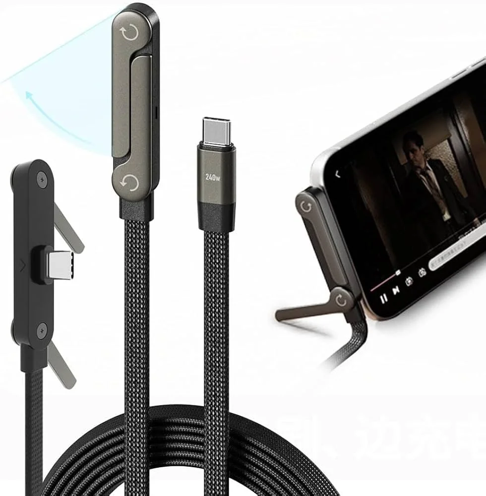 240W Hızlı Şarj Destekli Katlanabilir Telefon Standlı Örgülü Type-C to Type-C Şarj Kablosu görsel 3