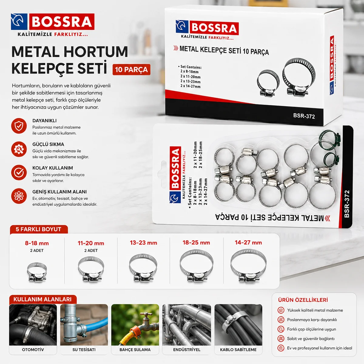 Metal hortum kelepçesi seti 8-18mm 11- 13-23mm 18-25mm 14-27mm görsel 4