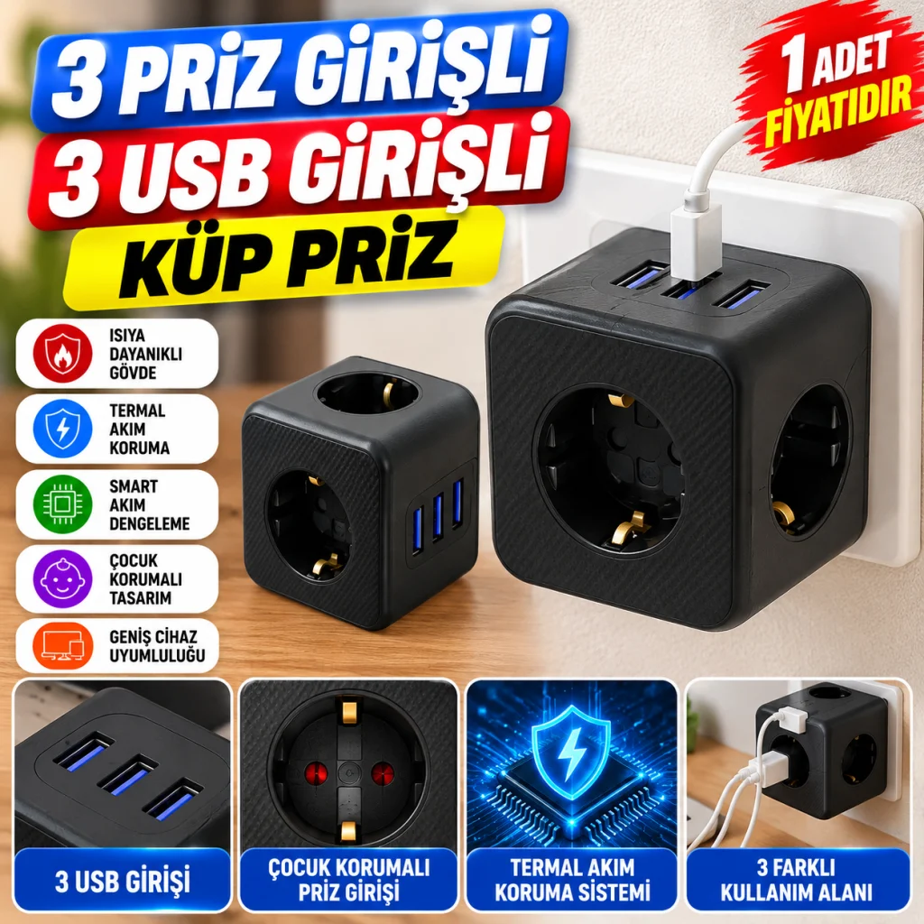Isıya Dayanıklı Termal Akım Korumalı ve Çocuk Korumalı 3 Priz Girişli 3 USB Girişli Küp Priz(adet fiyatıdır)