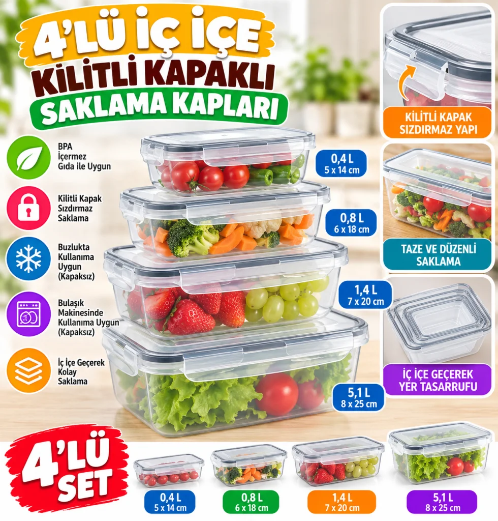4lü İç İçe Sızdırmaz Contalı Kilitli Kapaklı Plastik Erzak Saklama Kapları LC315