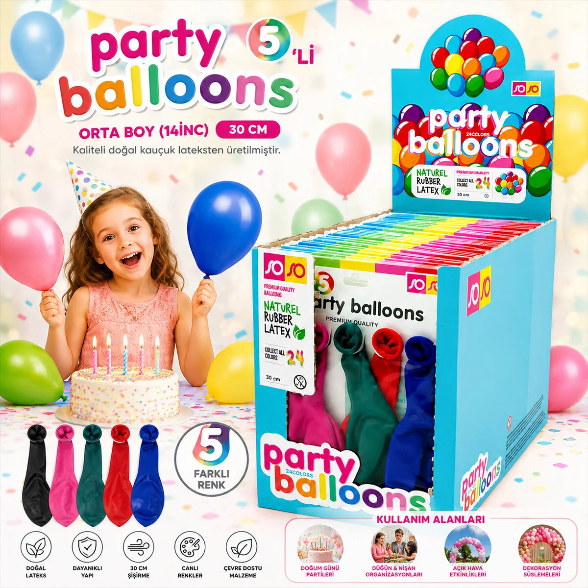 30 Paket - 5PCS Orta Boy Renkli - 30CM Party Balon Toptamda 150 Adet Balon görsel 2