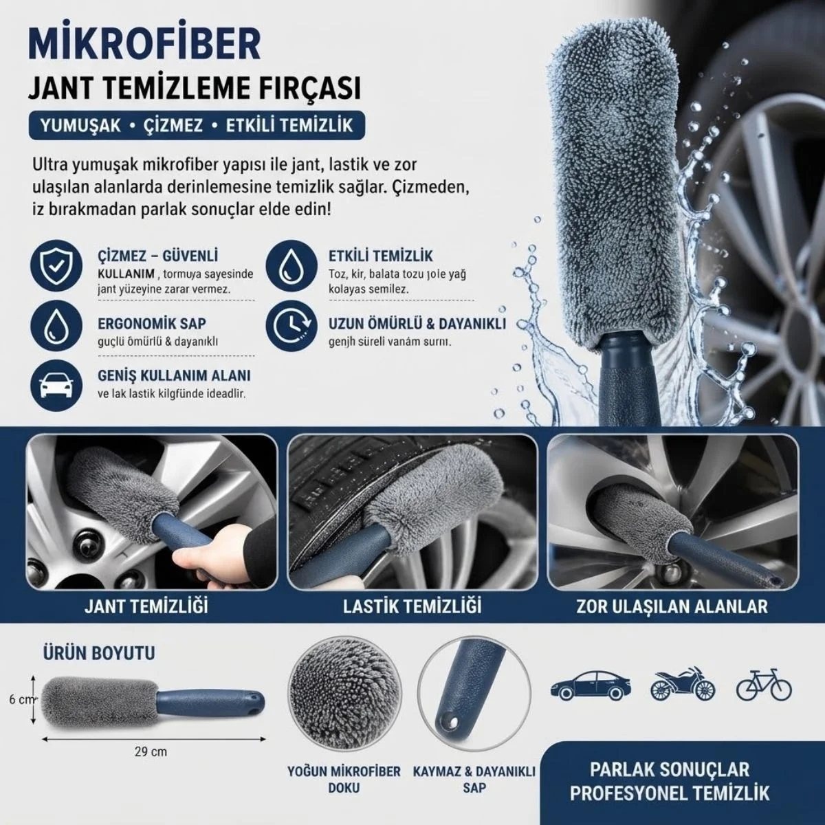 Mikrofiber Jant Temizleme Fırçası Yumuşak Çizmez Saplı Araba Motosiklet Lastik Yıkama Bakım Süngeri görsel 5