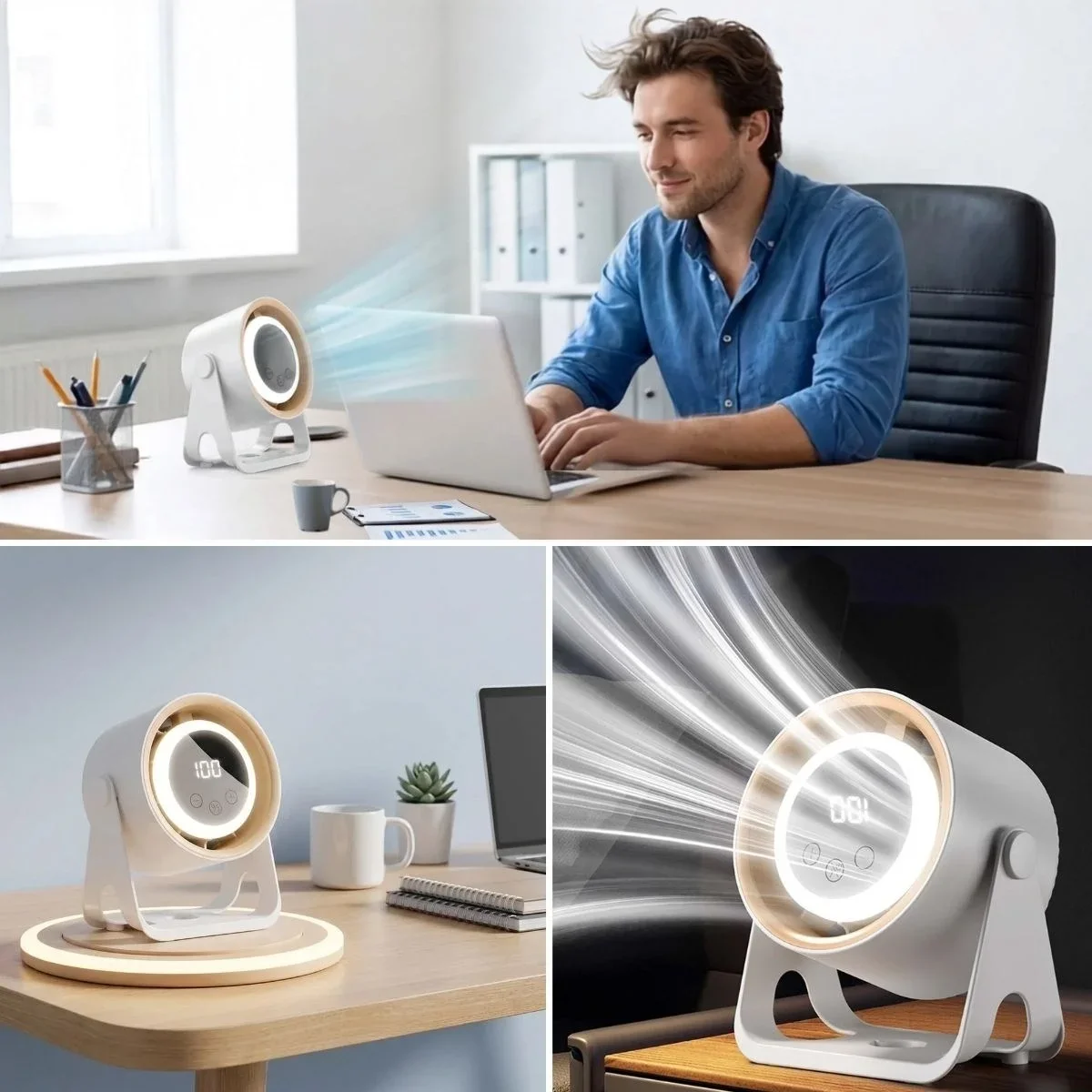 6 Kademeli Şarjlı Masaüstü Fan – Dijital LED Ekranlı, Oynar Başlıklı, LED Işıklı, Askılı ve Duvara Monte Edilebilir Fan K6 görsel 2
