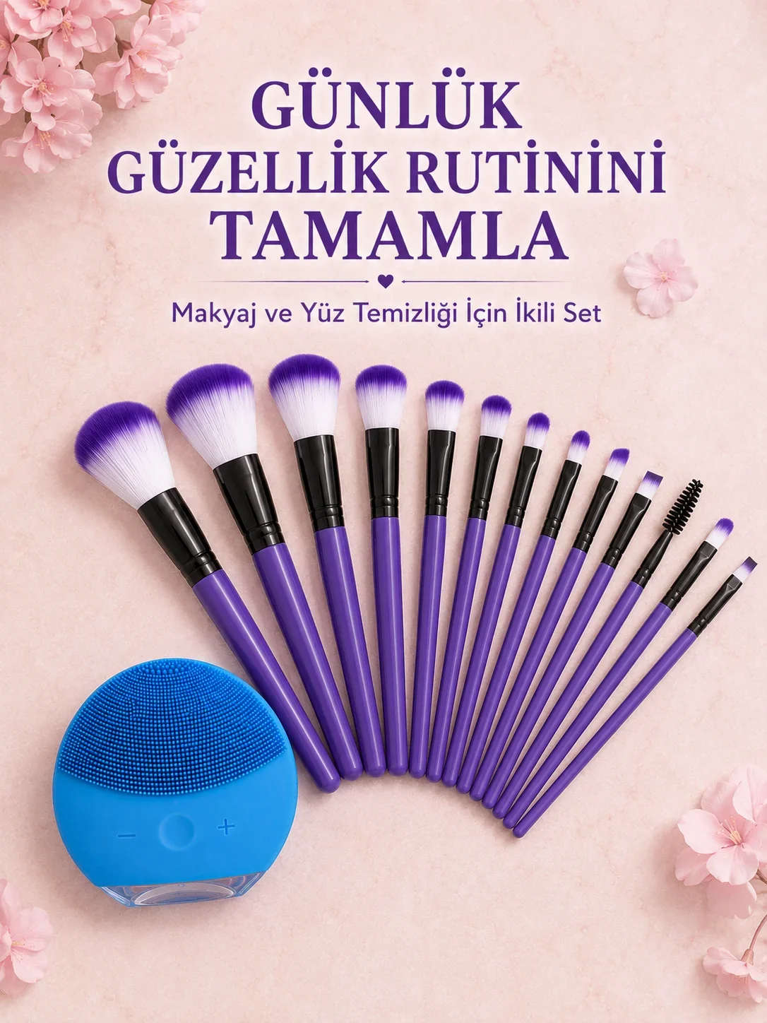 12 Parça Makyaj Fırçası ve Silikon Yüz Tezleyici Cihaz İkili Güzellik ve Kişisel Bakım Seti