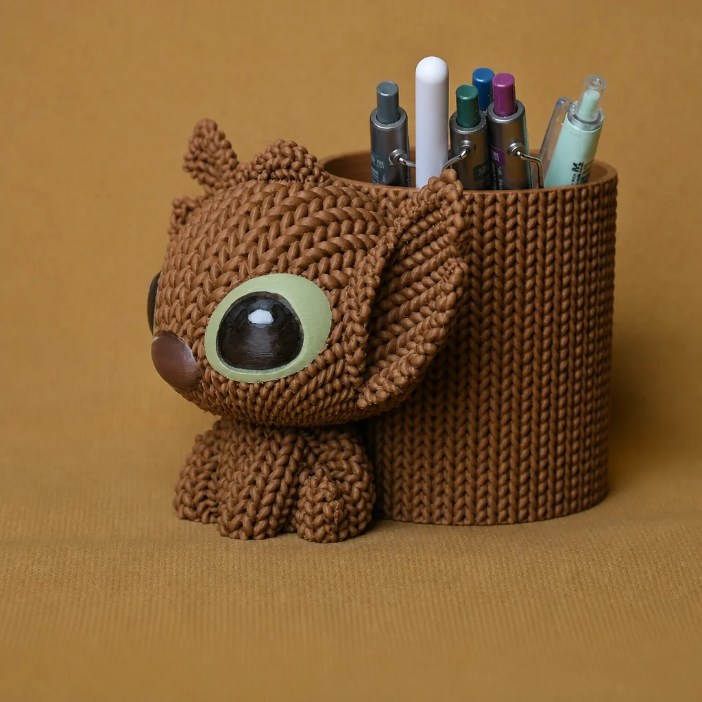 3D Baskı Knitted Kalemlik - Sevimli Karakterli Masaüstü Kalem Organizeri-Kahverengi görsel 3