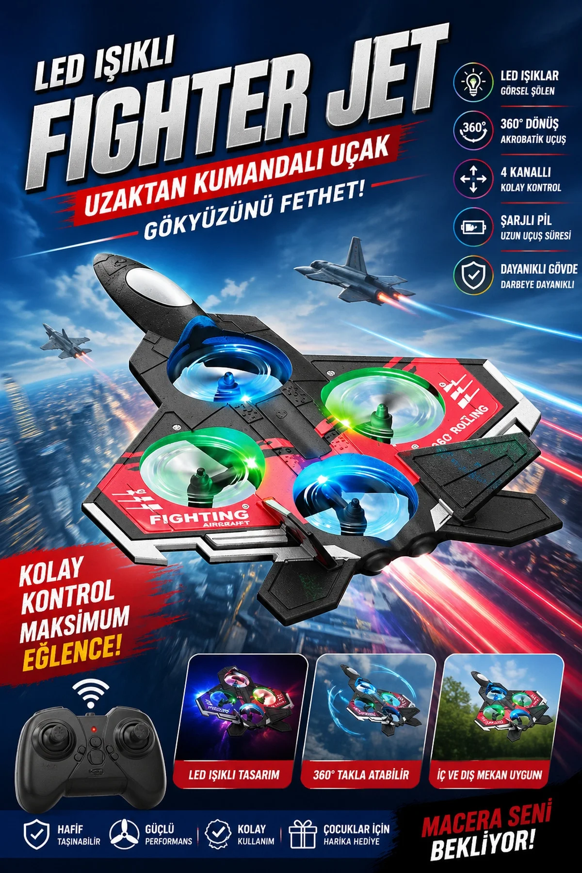 LED Işıklı Oyuncak Drone Fighter Jet Tasarımlı Uzaktan Kumandalı Uçak
