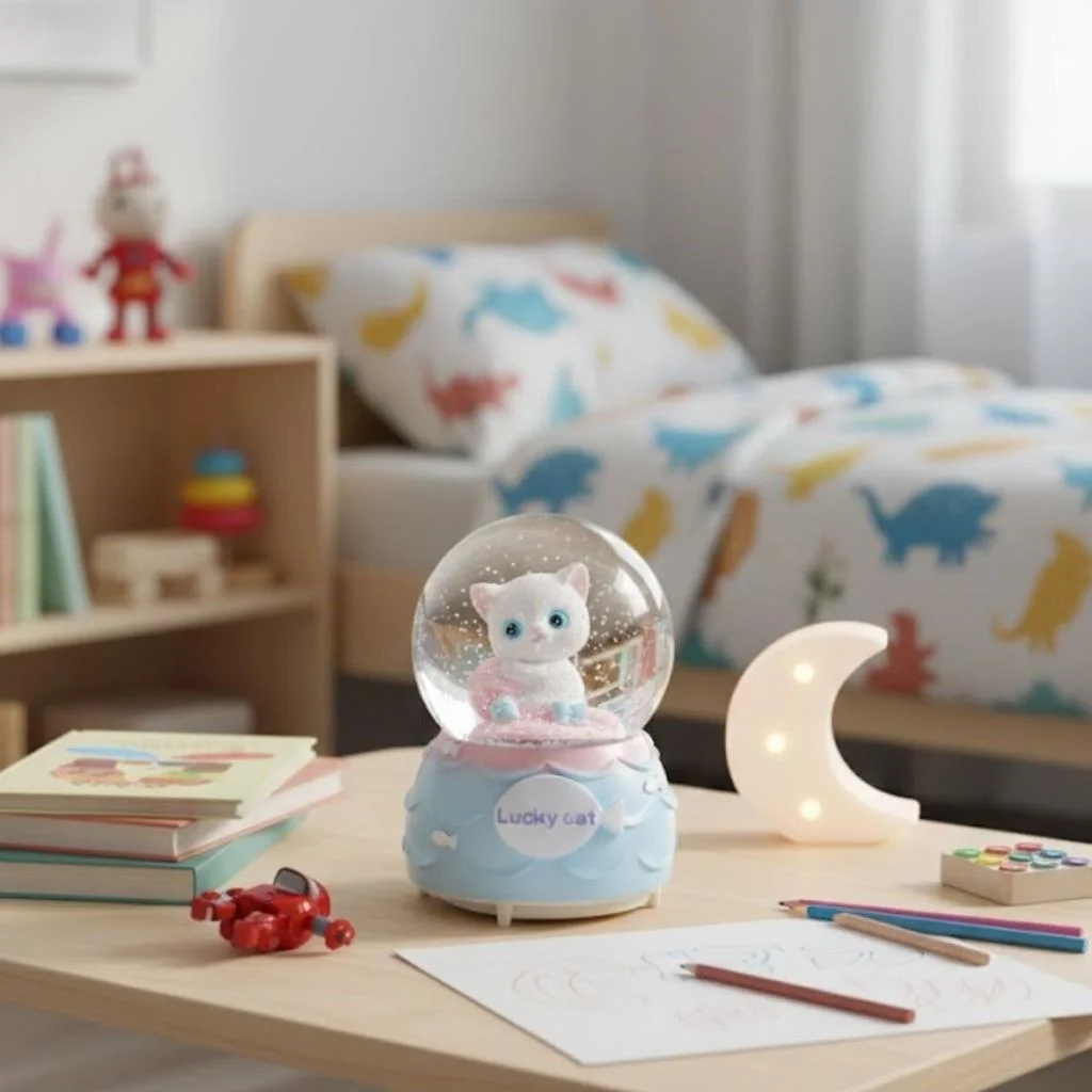 Pilli Işıklı Müzikli Kar Küresi–Şanslı Toplu Kedi Figürlü Eğlenceli Masaüstü Biblo, LED Aydınlatmalı Dekoratif Hediyelik Kar Küresi görsel 2