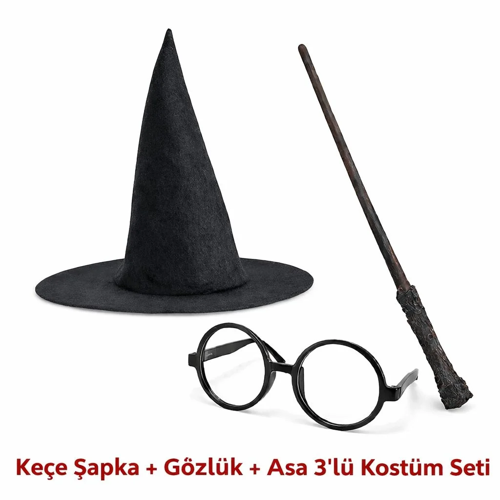 Harry Potter Tarzı Çocuk Seti (siyah Keçe Şapka, Asa, Gözlük) görsel 2