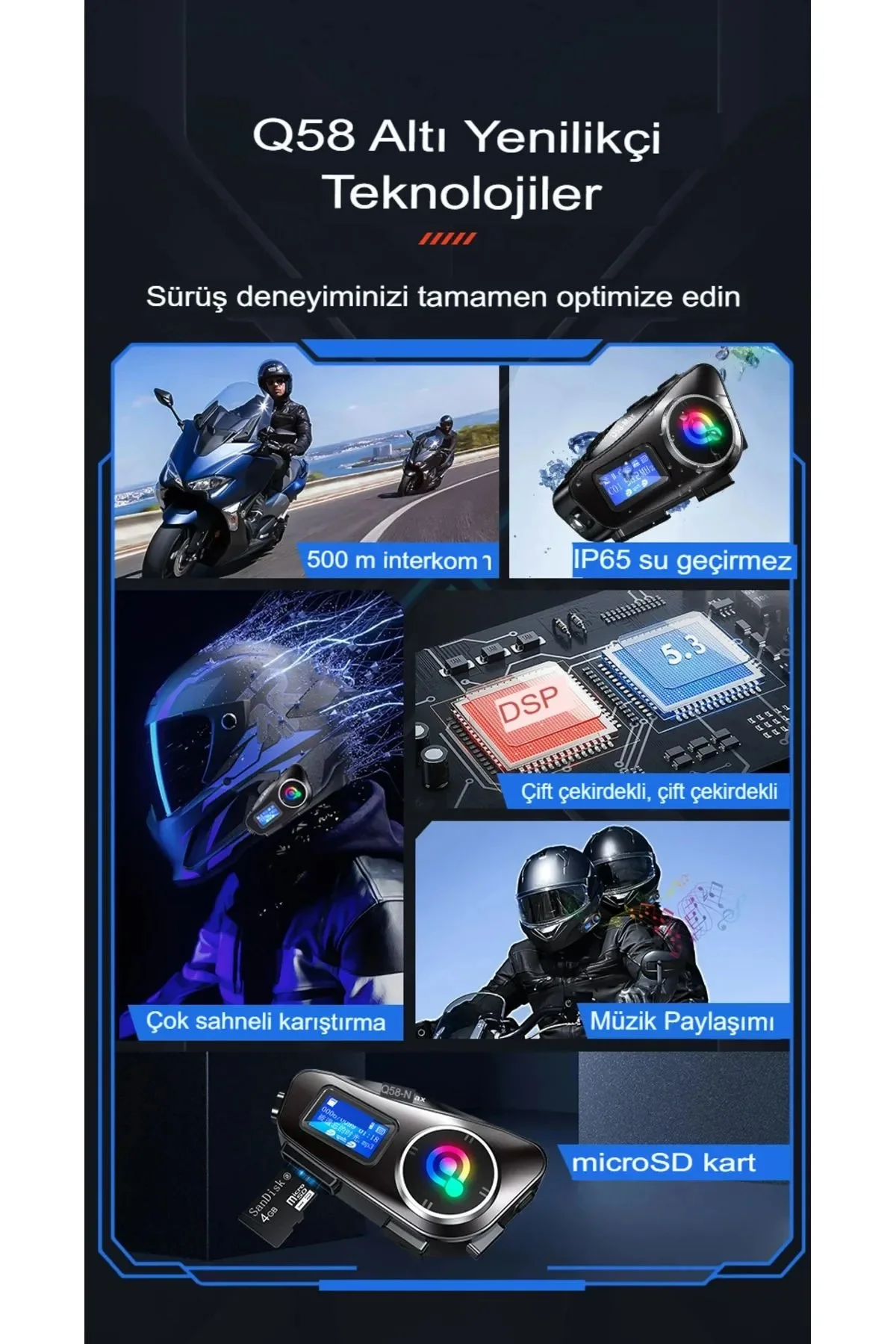 Q58-MAX Radyolu 2 Kişi Bağlantılı Bluetooth Kask Kulaklık Ekranlı Fenerli Müzik ve Telsiz Intercom görsel 8