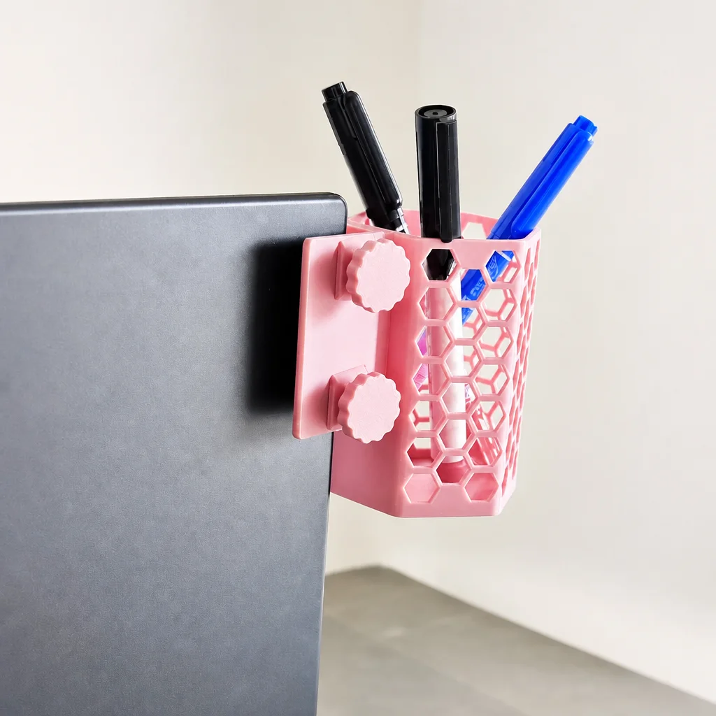 3D Baskı Monitor Kalemlik - Petek Desenli Laptop Kenar Altıgen Kalemlik-Pembe görsel 2