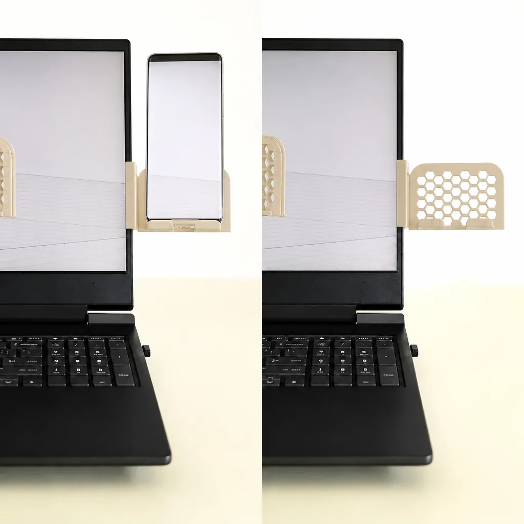3D Baskı Monitor Telefon Tutucu - Petek Desenli Laptop Kenar Telefon Tutucu-Bej