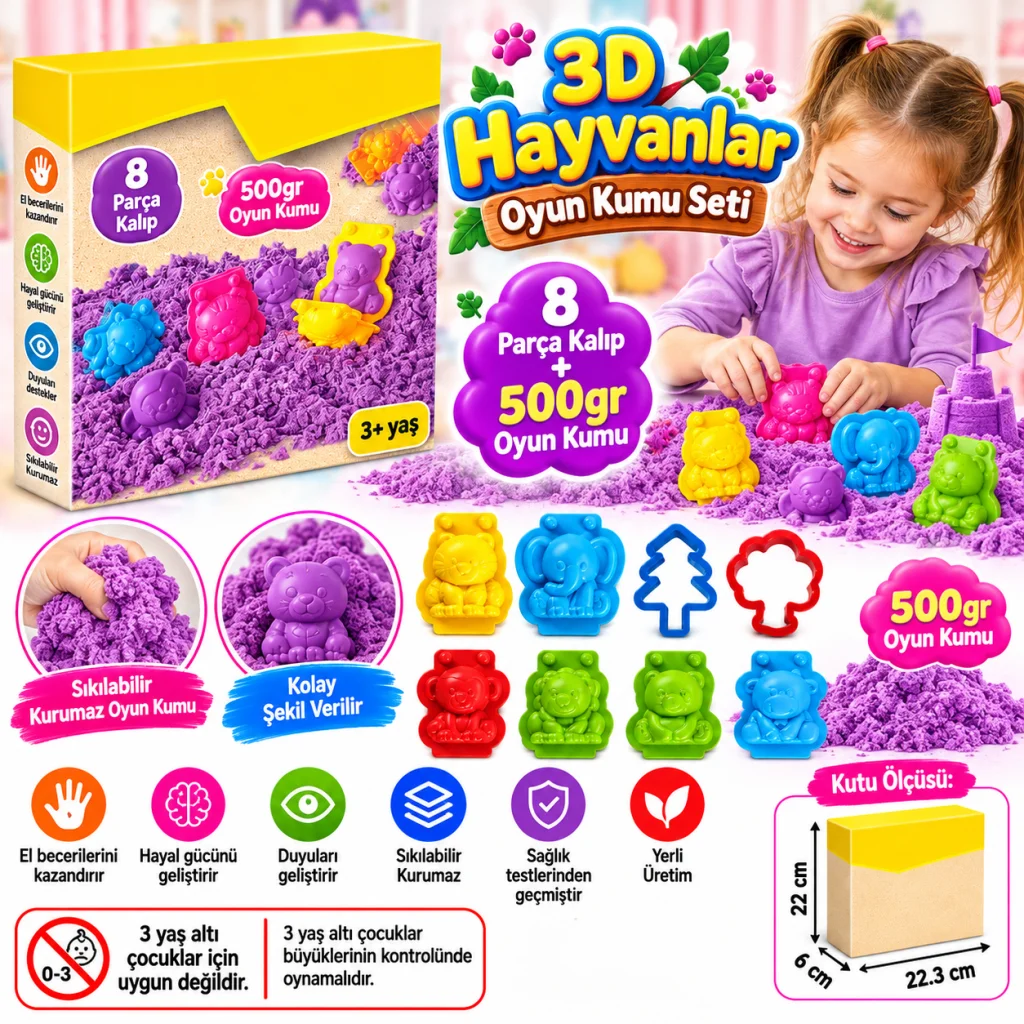 03612 3D Hayvanlar Kum Seti 500 gr / +3 yaş