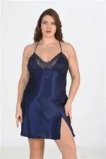 Premium Büyük Beden Saten Dantel İşlemeli Lacivert 2’li Gecelik Sabahlık Takımı Bigsize - Görsel 3