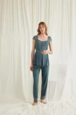 Dantelli Önü Düğmeli Hamile Lohusa 3’lü Viskon Pijama Takımı - Görsel 9