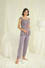 Dantelli Önü Düğmeli Hamile Lohusa 3’lü Pijama Takımı - Görsel 5