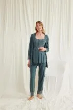 Dantelli Önü Düğmeli Hamile Lohusa 3’lü Viskon Pijama Takımı