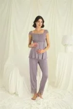 Dantelli Önü Düğmeli Hamile Lohusa 3’lü Pijama Takımı - Görsel 6