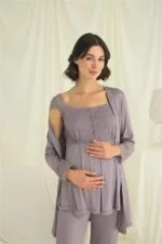 Dantelli Önü Düğmeli Hamile Lohusa 3’lü Pijama Takımı - Görsel 4