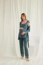 Dantelli Önü Düğmeli Hamile Lohusa 3’lü Viskon Pijama Takımı - Görsel 2
