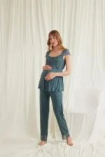 Dantelli Önü Düğmeli Hamile Lohusa 3’lü Viskon Pijama Takımı - Görsel 10