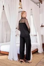 Dantelli ve Tüllü Uzun Kollu Önü Düğmeli Saten Pijama Takımı - Görsel 4