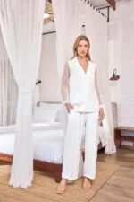 Dantelli ve Tüllü Uzun Kollu Önü Düğmeli Saten Pijama Takımı - Görsel 2
