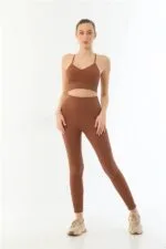 Kahve MI Emay 3921 Soft Seamless Ripli Tayt Yoga Takımı