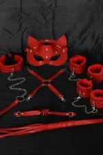 Kırmızı İçi Tüylü Maske,Kol,Bacak,Ağız Topu,,Tasma Harness Set