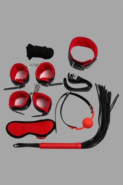 Kırmızı/Siyah İçi Tüylü Deri 7’li Harness Set