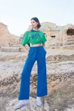 Kısa Kollu “Never Give Up” 3’lü Crop Eşofman Takımı
