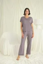 Kısa Kollu V Yakalı Dantelli Pijama Takımı - Görsel 2
