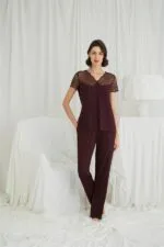 Kısa Kollu ve Dantelli V Yaka Pijama Takımı - Görsel 4