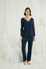 Sırt Dekolteli Uzun Kollu Tüllü ve Dantelli Pijama Takımı