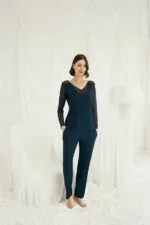 Sırt Dekolteli Uzun Kollu Tüllü ve Dantelli Pijama Takımı - Görsel 2