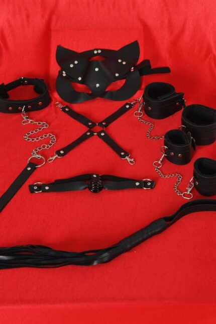 Siyah İçi Tüylü Maske,Kol,Bacak,Ağız Topu,,Tasma Set