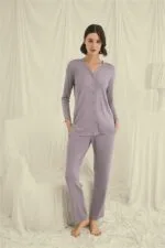 Uzun Kollu Boydan Düğmeli V Yaka Pijama Takımı