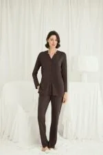 Uzun Kollu Boydan Düğmeli V Yaka Pijama Takımı - Görsel 4